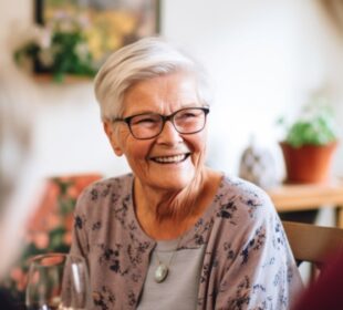 In a residential care facility, a content senior woman converses